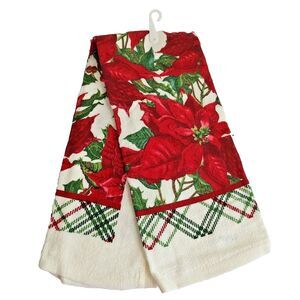 Holiday Time Christmas Kitchen Towel 15" x 25" Cotton Poinsettia Stripes Plaid